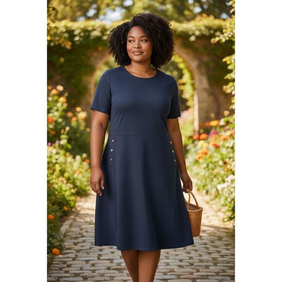 Ann Taylor Factory Blue Sheath Dress Size 12 Short Sleeve Scoop Neck Midi - Picture 1 of 8
